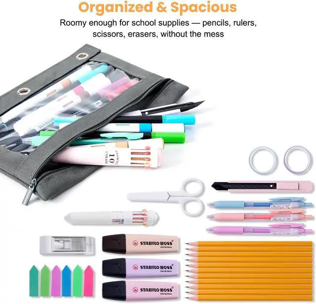 Alt view image 2 of 7 - 3 Ring Binder Pencil Pouch, Durable Pencil Case for School Supplies, Classroom Must Haves, 3-Hole Design Fits Binders, Zipper Closure, Ideal for Students/Back to School Grey