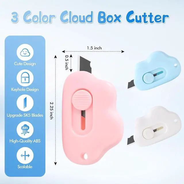Alt view image 3 of 6 - Cloud Shaped Retractable Box Cutter Set - 3Pcs Mini Utility Knife Letter Opener Envelope Slitter, Mini Box Cutters Retractable