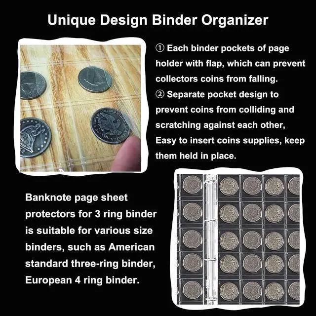 Alt view image 3 of 6 - 10 Sheets Coin Collection Pages,Coin Binder Inserts Sleeves with 9 Hole for Coin Album,Collecting Binder Protectors for Silver Dollar Bill Quarters Penny Stamp Currency(20 Pockets)