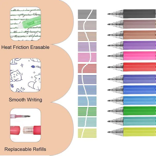 Alt view image 7 of 7 - 12 Colors Erasable Gel Pens, Retractable Clicker 0.7mm Fine Point, Friction Eraser Pen, Smooth Writing Multicolor Gel Pens for Writing, Drawing, Planners, Crossword Puzzles, School & Office