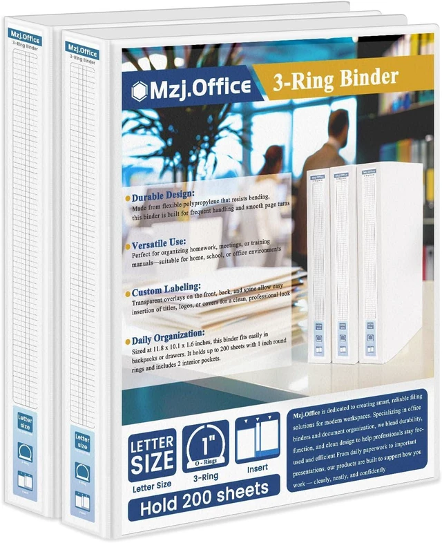 Main image of 1 Inch Binders 3 Ring, 2 Pack White 3 Ring Binder 1 Inch