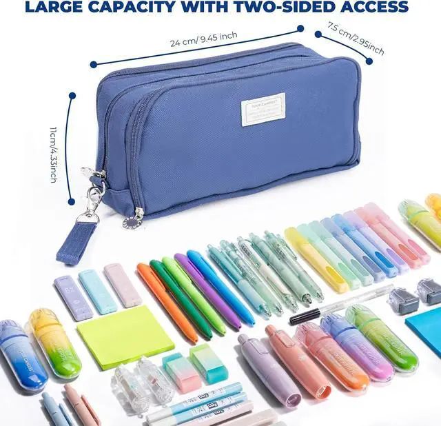 Alt view image 2 of 6 - Dark Blue Pencil Case, 3 Compartment Pencil Pouch with Handle | Large Capacity Pencil Bag, Aesthetic Storage Bag for School, College, Travel and Makeup Essentials