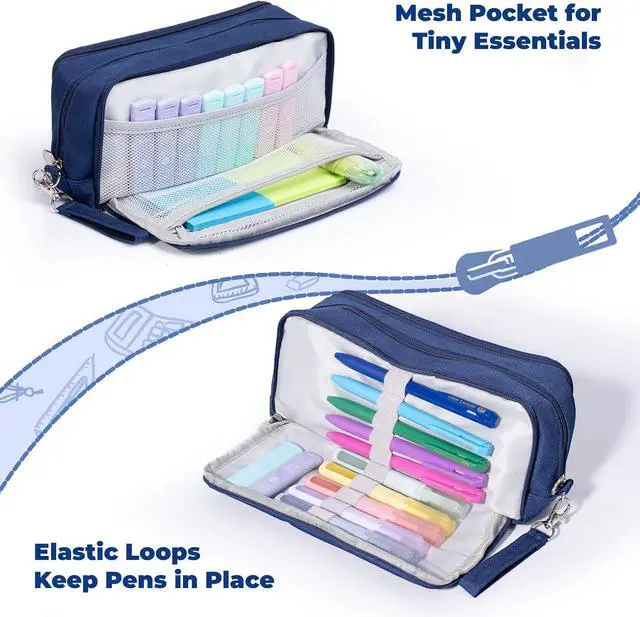 Alt view image 3 of 6 - Dark Blue Pencil Case, 3 Compartment Pencil Pouch with Handle | Large Capacity Pencil Bag, Aesthetic Storage Bag for School, College, Travel and Makeup Essentials