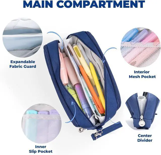 Alt view image 4 of 6 - Dark Blue Pencil Case, 3 Compartment Pencil Pouch with Handle | Large Capacity Pencil Bag, Aesthetic Storage Bag for School, College, Travel and Makeup Essentials