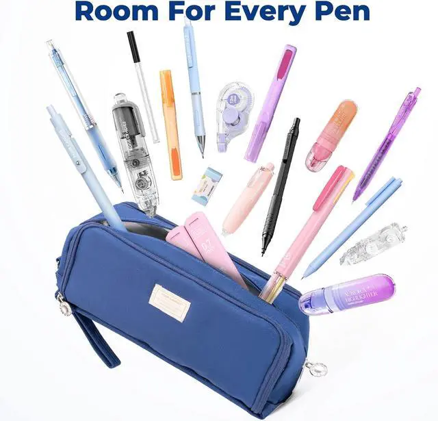 Alt view image 6 of 6 - Dark Blue Pencil Case, 3 Compartment Pencil Pouch with Handle | Large Capacity Pencil Bag, Aesthetic Storage Bag for School, College, Travel and Makeup Essentials