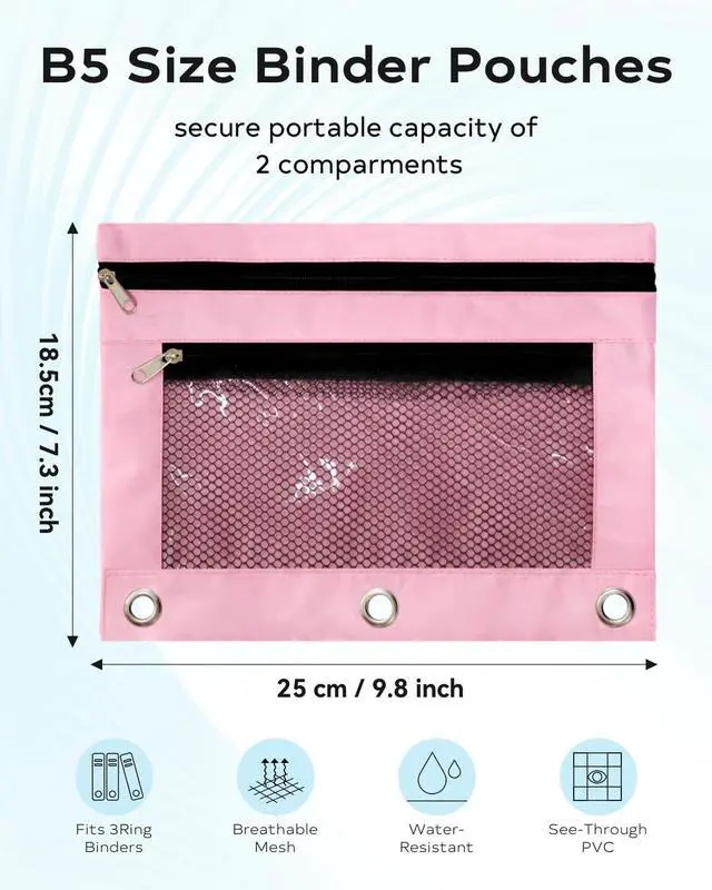 Alt view image 2 of 7 - Pencil Pouch 3 Ring Binder: 3 Ring Binder Pencil Case Bag Zipper Pencil Pouch Bulk Holder Accessories Clear Window Pencil Case Aesthetic Pencil Organizer Pockets (Pink, 1), 3RB-muti