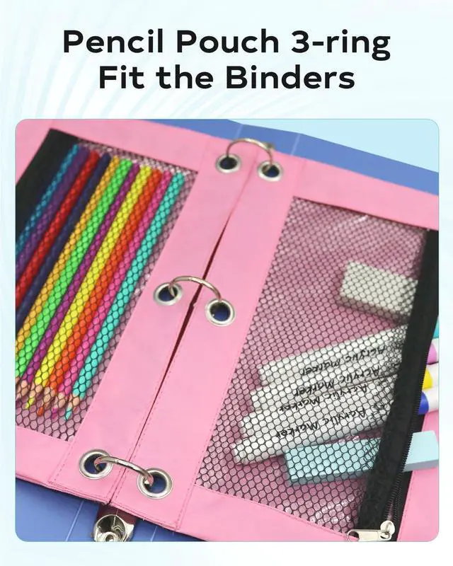 Alt view image 4 of 7 - Pencil Pouch 3 Ring Binder: 3 Ring Binder Pencil Case Bag Zipper Pencil Pouch Bulk Holder Accessories Clear Window Pencil Case Aesthetic Pencil Organizer Pockets (Pink, 1), 3RB-muti