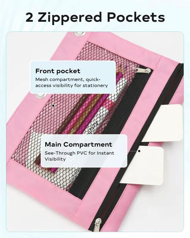 Alt view image 6 of 7 - Pencil Pouch 3 Ring Binder: 3 Ring Binder Pencil Case Bag Zipper Pencil Pouch Bulk Holder Accessories Clear Window Pencil Case Aesthetic Pencil Organizer Pockets (Pink, 1), 3RB-muti