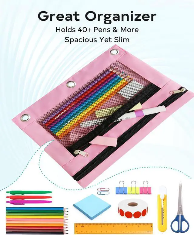 Alt view image 5 of 7 - Pencil Pouch 3 Ring Binder: 3 Ring Binder Pencil Case Bag Zipper Pencil Pouch Bulk Holder Accessories Clear Window Pencil Case Aesthetic Pencil Organizer Pockets (Pink, 1), 3RB-muti