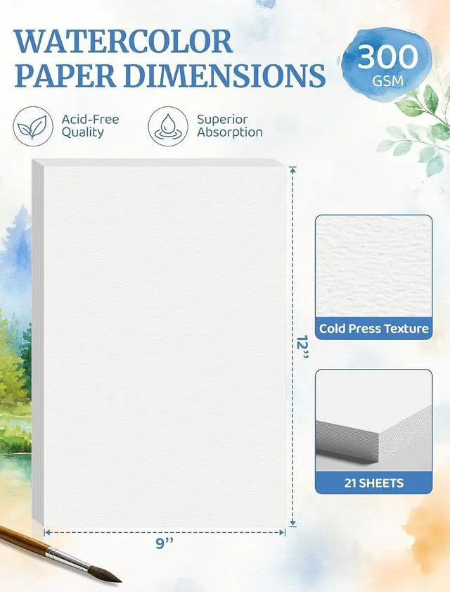 Alt view image 2 of 7 - 21 Sheets Watercolor Paper 9x12, 140 LB Cold Press Watercolor Paper Pad | 300 GSM Water Color Paper 9x12, Art Supplies for Kids Adults, Watercolor Pad for Painting, Sketching, Acrylic, Gouache