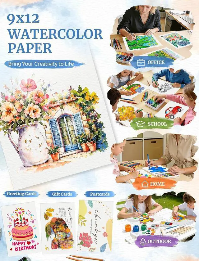 Alt view image 7 of 7 - 21 Sheets Watercolor Paper 9x12, 140 LB Cold Press Watercolor Paper Pad | 300 GSM Water Color Paper 9x12, Art Supplies for Kids Adults, Watercolor Pad for Painting, Sketching, Acrylic, Gouache