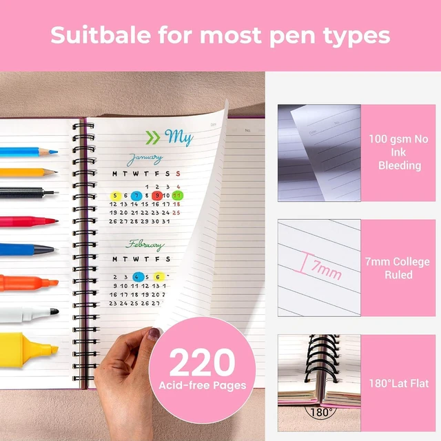 Alt view image 2 of 7 - 5 Subject Notebook, Small Spiral Notebook with Tabs, 6'' x 8'' | Removable Dividers, 180° lay-flat, Portable, College Ruled, 240 Pages Note book, for School Work, Pink