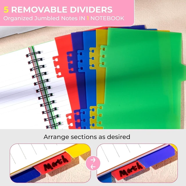 Alt view image 3 of 7 - 5 Subject Notebook, Small Spiral Notebook with Tabs, 6'' x 8'' | Removable Dividers, 180° lay-flat, Portable, College Ruled, 240 Pages Note book, for School Work, Pink