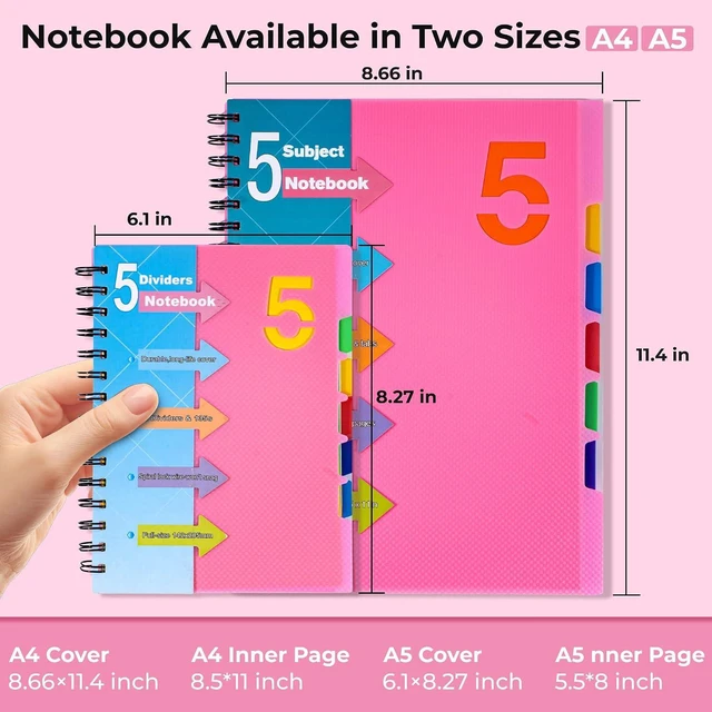Alt view image 5 of 7 - 5 Subject Notebook, Small Spiral Notebook with Tabs, 6'' x 8'' | Removable Dividers, 180° lay-flat, Portable, College Ruled, 240 Pages Note book, for School Work, Pink