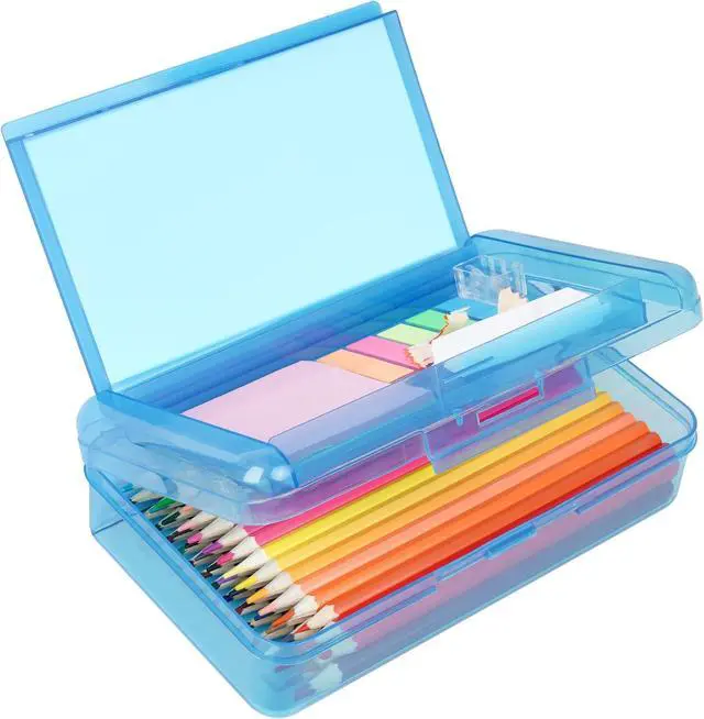 Main image of Plastic Pencil Box, Large Capacity Pencil Case, Pencil Boxes | Double Layer for Kids Adults,Colored Pencil Case,Hard Crayon Box Storage with Snap-Tight Lid for School Office Supplies(Blue)