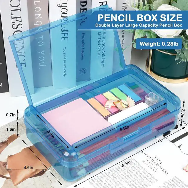 Alt view image 2 of 7 - Plastic Pencil Box, Large Capacity Pencil Case, Pencil Boxes | Double Layer for Kids Adults,Colored Pencil Case,Hard Crayon Box Storage with Snap-Tight Lid for School Office Supplies(Blue)