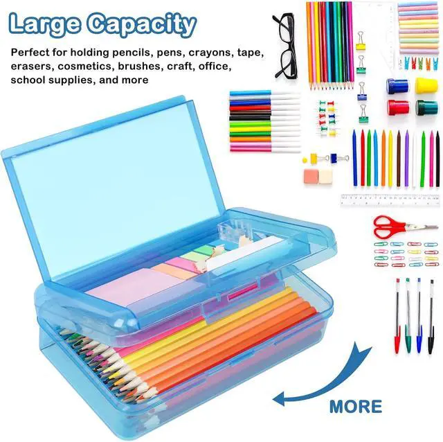 Alt view image 3 of 7 - Plastic Pencil Box, Large Capacity Pencil Case, Pencil Boxes | Double Layer for Kids Adults,Colored Pencil Case,Hard Crayon Box Storage with Snap-Tight Lid for School Office Supplies(Blue)