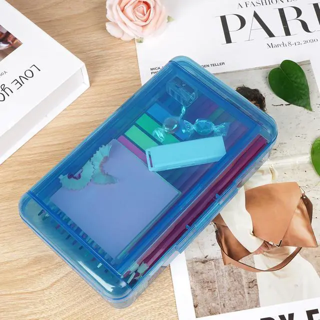 Alt view image 6 of 7 - Plastic Pencil Box, Large Capacity Pencil Case, Pencil Boxes | Double Layer for Kids Adults,Colored Pencil Case,Hard Crayon Box Storage with Snap-Tight Lid for School Office Supplies(Blue)