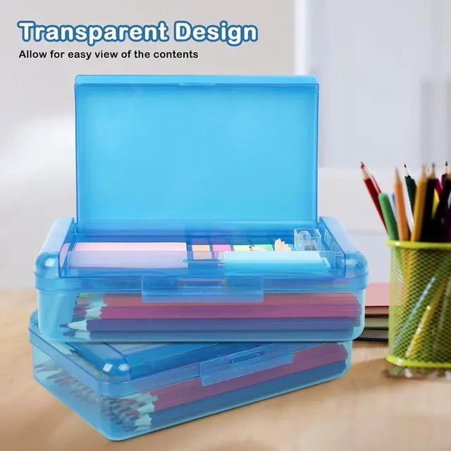 Alt view image 7 of 7 - Plastic Pencil Box, Large Capacity Pencil Case, Pencil Boxes | Double Layer for Kids Adults,Colored Pencil Case,Hard Crayon Box Storage with Snap-Tight Lid for School Office Supplies(Blue)