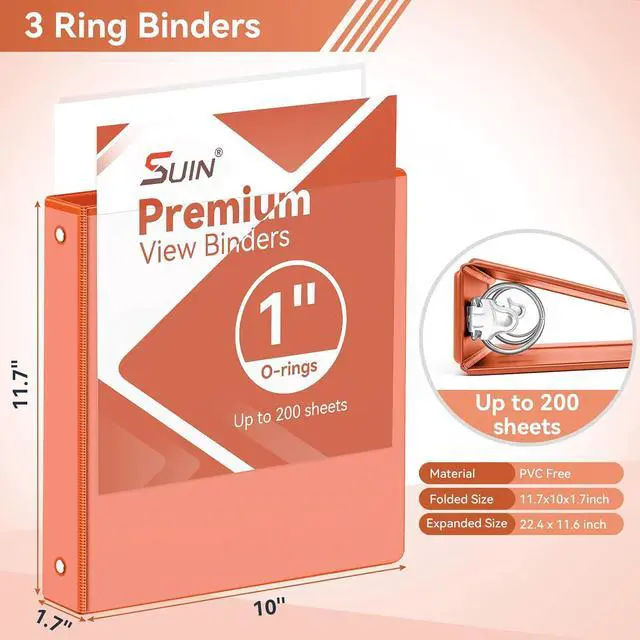 Alt view image 2 of 7 - 1 Inch 3 Ring Binder, Clear 1'' View Presentation Binders with 2 Pockets, Fits 8.5 x 11 Letter Size, Durable Polypropylene, Non-Stick & PVC-Free for School, Office & Home (Orange)