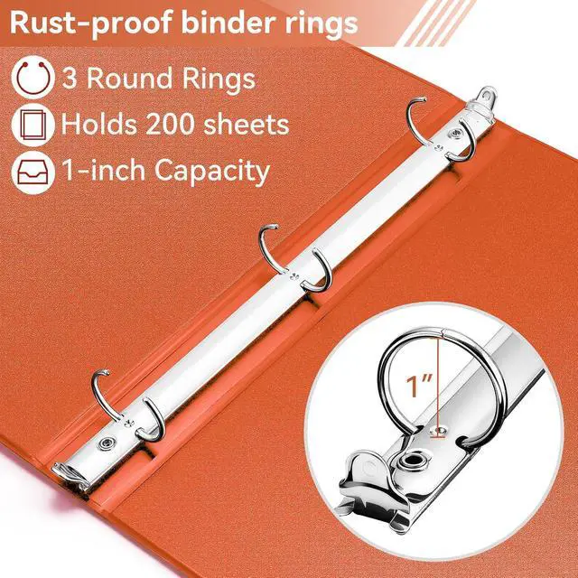 Alt view image 3 of 7 - 1 Inch 3 Ring Binder, Clear 1'' View Presentation Binders with 2 Pockets, Fits 8.5 x 11 Letter Size, Durable Polypropylene, Non-Stick & PVC-Free for School, Office & Home (Orange)