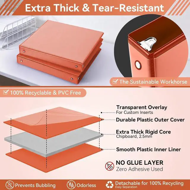 Alt view image 6 of 7 - 1 Inch 3 Ring Binder, Clear 1'' View Presentation Binders with 2 Pockets, Fits 8.5 x 11 Letter Size, Durable Polypropylene, Non-Stick & PVC-Free for School, Office & Home (Orange)