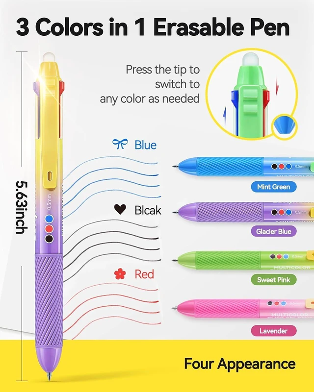 Alt view image 3 of 7 - Erasable Gel Pens, 3 Colors Erasable Pens 4-Pack, Make Mistakes Disappear, 0.5mm Fine Point, Writing Instruments for School Supplies, Office, Note Taking, Journaling & Planning