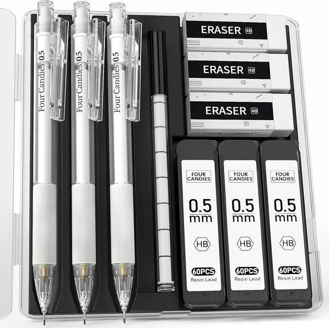 Main image of Cute Mechanical Pencil Set with Case - 3PCS Pencils 0.5mm with 180PCS HB Lead Refills, 3PCS Erasers, 9PCS Eraser Refills, White Clear Mechanical Pencil for Students Drawing, Writing