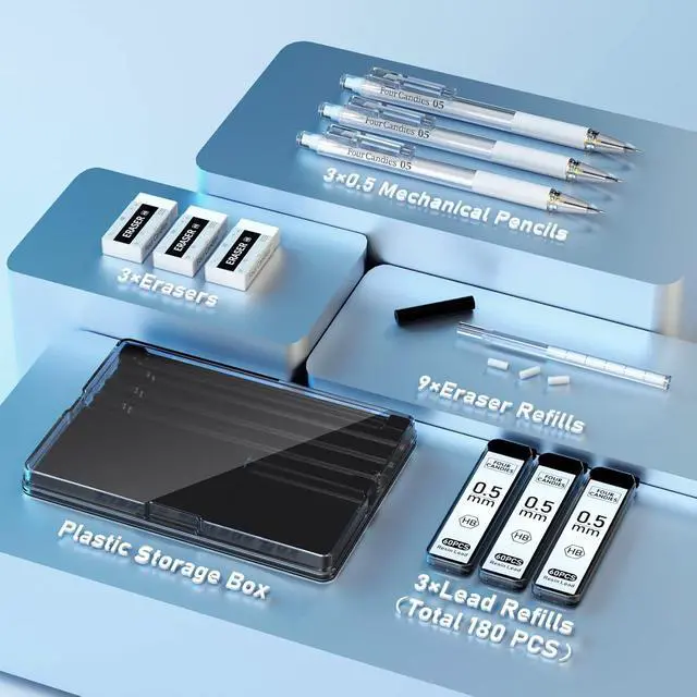 Alt view image 4 of 7 - Cute Mechanical Pencil Set with Case - 3PCS Pencils 0.5mm with 180PCS HB Lead Refills, 3PCS Erasers, 9PCS Eraser Refills, White Clear Mechanical Pencil for Students Drawing, Writing