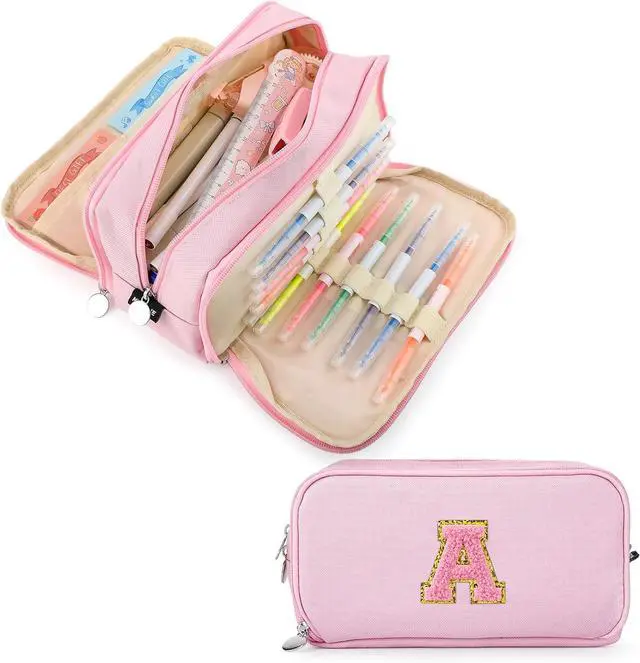 Main image of Cute Pencil Case Pouch For Girl Boy Kids Personalized Initial Pencil Bag | Extra Large Capacity 3 Compartment,Preppy Aesthetic Big Pen Case Pouch Crayon Marker Bag For College School Gift