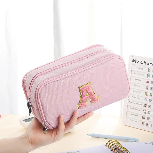 Alt view image 3 of 7 - Cute Pencil Case Pouch For Girl Boy Kids Personalized Initial Pencil Bag | Extra Large Capacity 3 Compartment,Preppy Aesthetic Big Pen Case Pouch Crayon Marker Bag For College School Gift