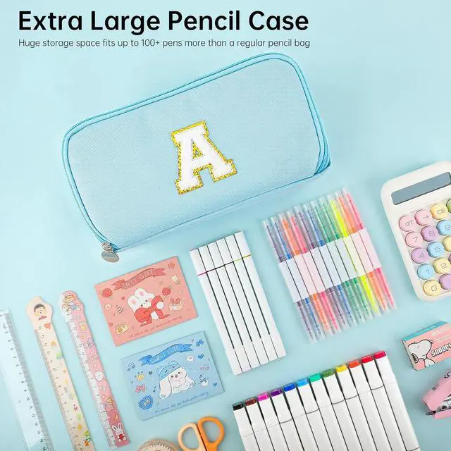 Alt view image 4 of 7 - Cute Pencil Case Pouch For Girl Boy Kids Personalized Initial Pencil Bag | Extra Large Capacity 3 Compartment,Preppy Aesthetic Big Pen Case Pouch Crayon Marker Bag For College School Gift