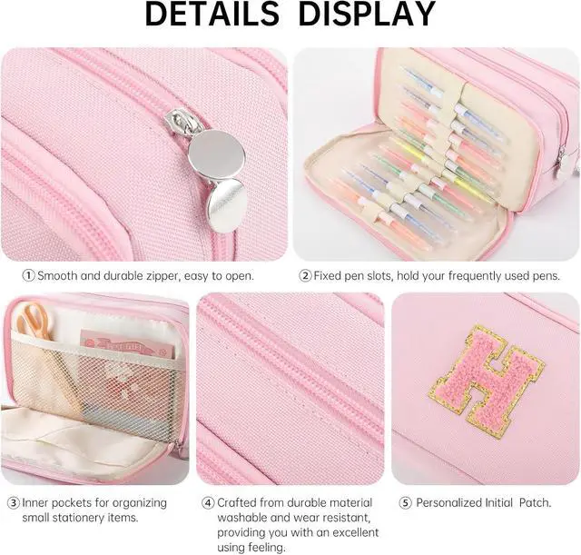 Alt view image 5 of 7 - Cute Pencil Case Pouch For Girl Boy Kids Personalized Initial Pencil Bag | Extra Large Capacity 3 Compartment,Preppy Aesthetic Big Pen Case Pouch Crayon Marker Bag For College School Gift
