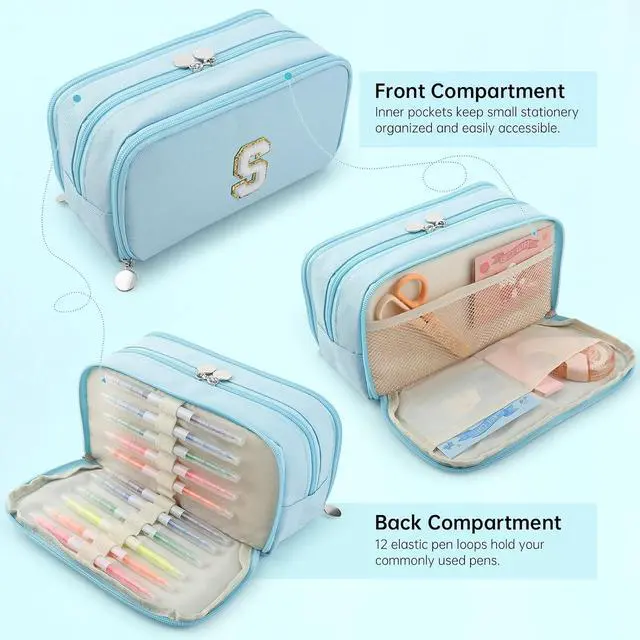 Alt view image 6 of 7 - Cute Pencil Case Pouch For Girl Boy Kids Personalized Initial Pencil Bag | Extra Large Capacity 3 Compartment,Preppy Aesthetic Big Pen Case Pouch Crayon Marker Bag For College School Gift