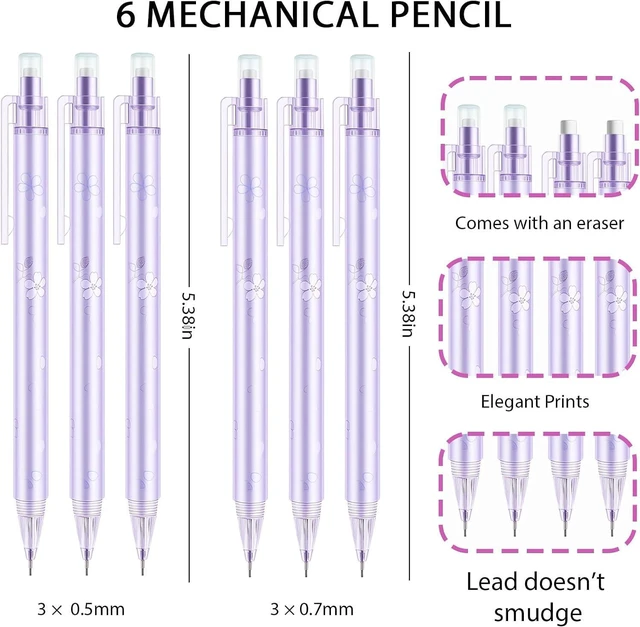 Alt view image 2 of 7 - 6Pcs Purple Cherry Blossom Mechanical Pencils, 0.5mm & 0.7mm Pencils