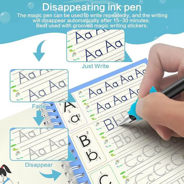 Alt view image 3 of 7 - Grooved book magic pens for kids disappearing ink pens and reusable grooved handwriting practice or grooved writing books for kids 3-5, children magic copy books, invisible ink pen refills.