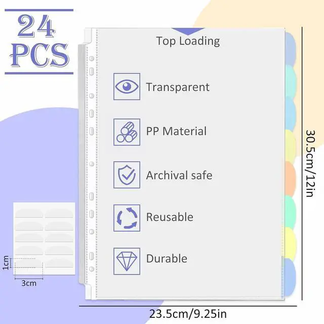 Alt view image 2 of 7 - Binder Dividers & Sheet Protectors for 2/3/4 Ring Binder - 3 Sets of 24 Pack A4 Plastic Sleeves with 8 Tab Binder Sleeves, Clear Page Protectors for School, Home & Office Organization