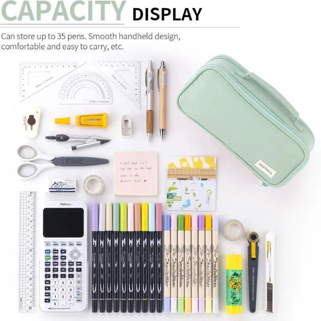 Alt view image 4 of 6 - Large Capacity Pencil Case Pen Pouch Organizer Canvas Pencil Bag with Handle School Supplies for Teen Girls-Green