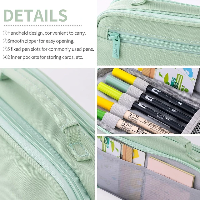 Alt view image 5 of 6 - Large Capacity Pencil Case Pen Pouch Organizer Canvas Pencil Bag with Handle School Supplies for Teen Girls-Green
