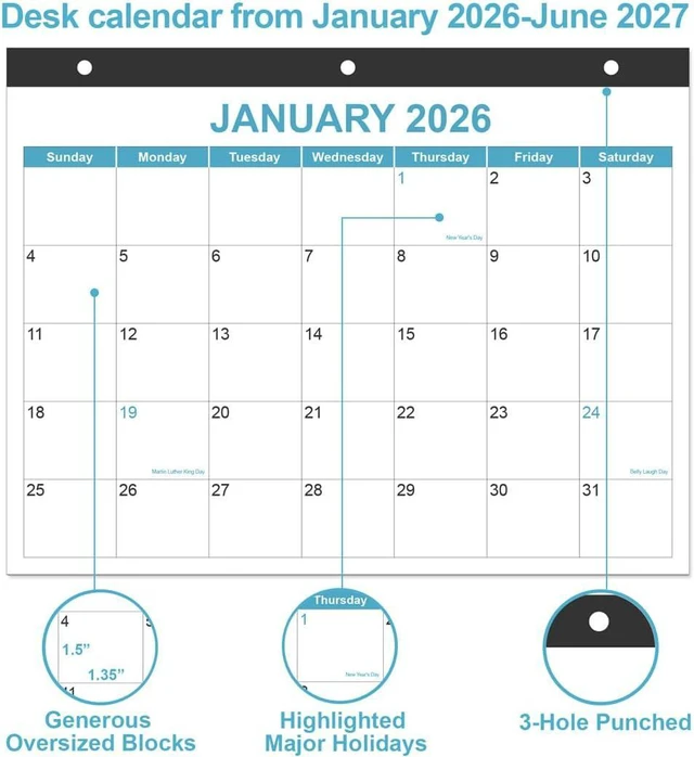 Alt view image 3 of 7 - 2026-2027 Calendar for 3 Ring Binder - Desk Calendar 2026-2027 from July 2026 - December 2027, 18 Months Calendar with Premium Paper, 3-Hole Calendar, 8.5" x 11", Blue