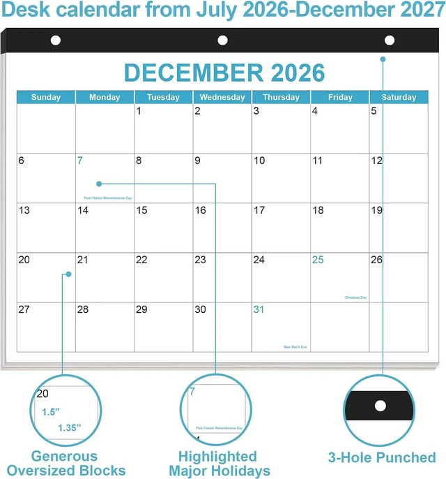 Alt view image 4 of 7 - 2026-2027 Calendar for 3 Ring Binder - Desk Calendar 2026-2027 from July 2026 - December 2027, 18 Months Calendar with Premium Paper, 3-Hole Calendar, 8.5" x 11", Blue