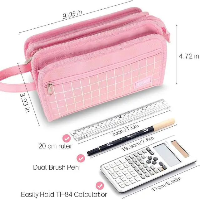 Alt view image 6 of 7 - Big Pencil Case, Pencil Pouch, Pencil Bag, Pencil Box, Black & Plaid | Ample Storage, Durable Canvas, Smooth Zippers, Portable Handle, Cute Stationery Organizer, Makeup Bag, School Supplies, Boys