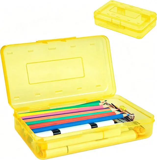 Main image of Pencil Box, Large Capacity Clear Plastic Pencil Case with Snap-tight Lid, Hard Shell Office Supply Organizer, Stackable Crayon Box for Pens, Markers & Art Supplies, Yellow (1 Pack)