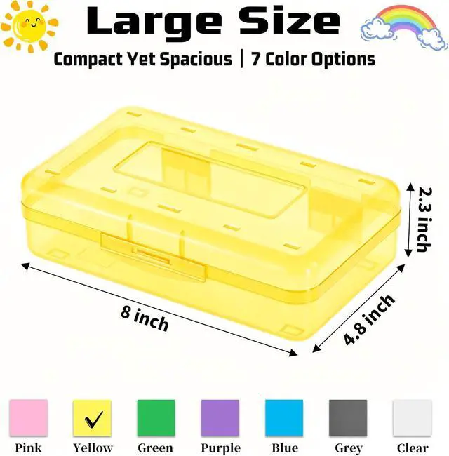 Alt view image 2 of 7 - Pencil Box, Large Capacity Clear Plastic Pencil Case with Snap-tight Lid, Hard Shell Office Supply Organizer, Stackable Crayon Box for Pens, Markers & Art Supplies, Yellow (1 Pack)