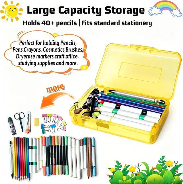 Alt view image 3 of 7 - Pencil Box, Large Capacity Clear Plastic Pencil Case with Snap-tight Lid, Hard Shell Office Supply Organizer, Stackable Crayon Box for Pens, Markers & Art Supplies, Yellow (1 Pack)