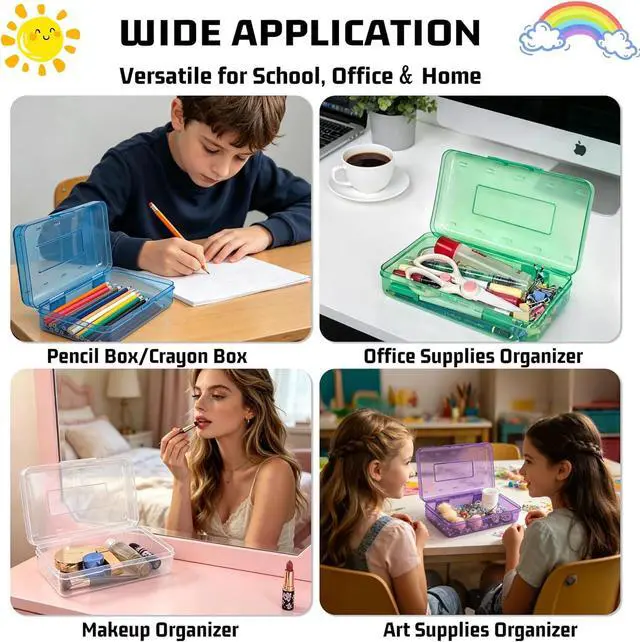 Alt view image 5 of 7 - Pencil Box, Large Capacity Clear Plastic Pencil Case with Snap-tight Lid, Hard Shell Office Supply Organizer, Stackable Crayon Box for Pens, Markers & Art Supplies, Yellow (1 Pack)