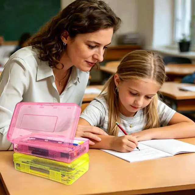 Alt view image 7 of 7 - Pencil Box, Large Capacity Clear Plastic Pencil Case with Snap-tight Lid, Hard Shell Office Supply Organizer, Stackable Crayon Box for Pens, Markers & Art Supplies, Yellow (1 Pack)