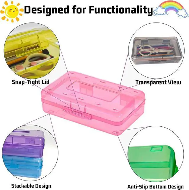 Alt view image 6 of 7 - Pencil Box, Large Capacity Clear Plastic Pencil Case with Snap-tight Lid, Hard Shell Office Supply Organizer, Stackable Crayon Box for Pens, Markers & Art Supplies, Yellow (1 Pack)