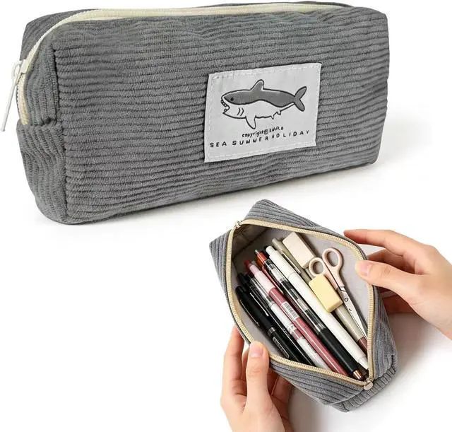 Main image of Small Pencil Case Large Capacity Pencil Pouch with Shark, Gray Zippered Pouch for Office Stationery Organizer (Dark grey)