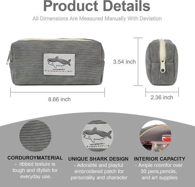 Alt view image 2 of 5 - Small Pencil Case Large Capacity Pencil Pouch with Shark, Gray Zippered Pouch for Office Stationery Organizer (Dark grey)